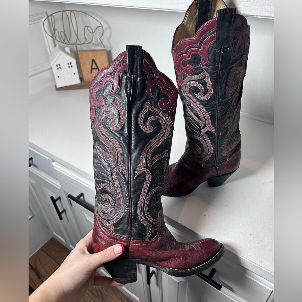 Vintage Larry Mahan Cowboy Boots Womens 5B Burgundy Black Tall Western Boots USA - Picture 7 of 9